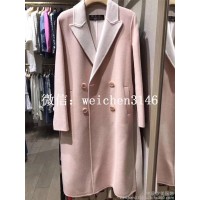 2017秋冬新款欧美高端女装翻领撞色藕粉色双面羊绒大衣外套