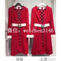 2017秋冬新款欧美高端女装羊毛撞色红色多扣长袖连衣裙